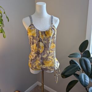 INC International Concepts Yellow and Gray Floral Top With Beaded Straps